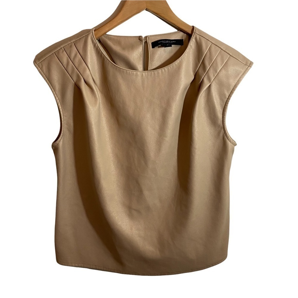 Andrew Marc New York Faux Leather Wide Shoulder Sleeveless Top Pleated Tan Sz L